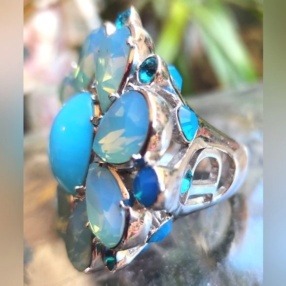 DIOR GLAM Turquoise Blues Silver MEGA Sparkly Rhinestones Gaudy Cocktail RING 2" - Picture 8 of 16